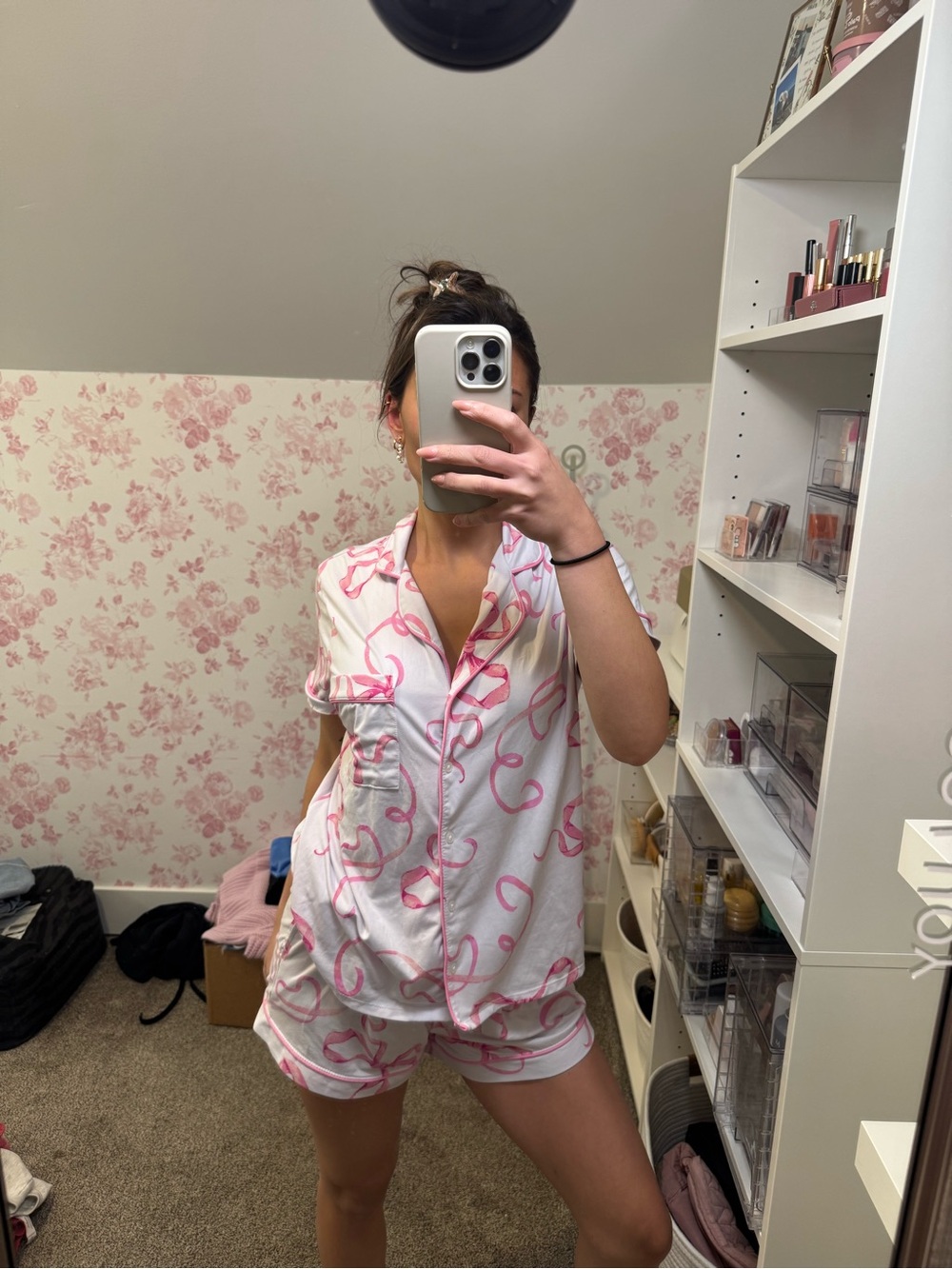 Women's Pink Ribbon-Print Short Pajama Set - Picture 3 of 8